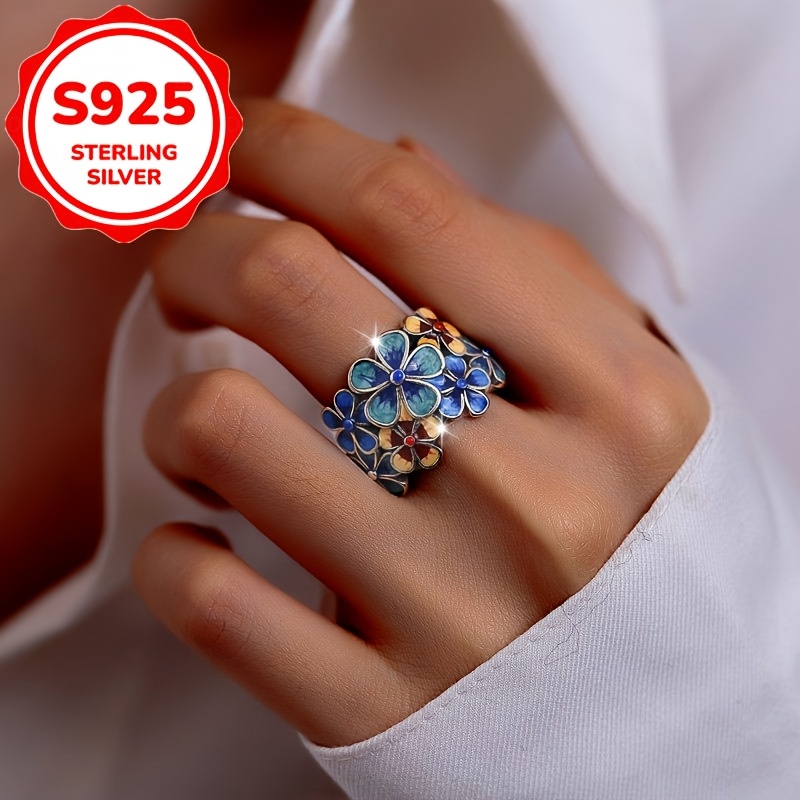 S925 Silver Enamel Floral Ring — Vintage Adjustable Gift